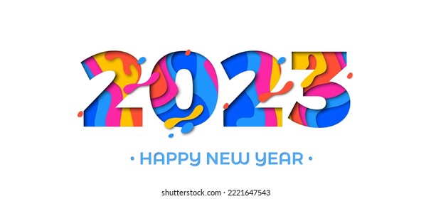 2023 Happy New Year paper cut greeting card. Vector New Year Eve colorful paper cut 2023 number