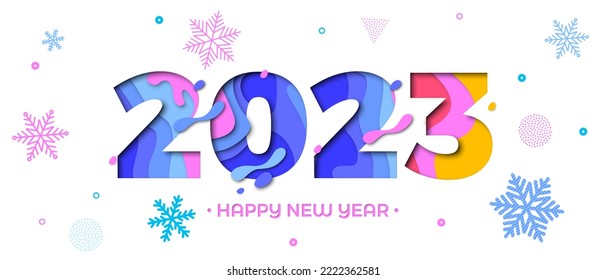 2023 Happy New Year paper cut greeting card. Vector New Year Eve colorful paper cut 2023 number