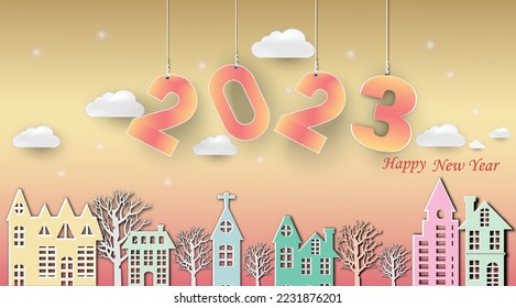2023 happy new year and Paper city cut 2023 word for new year festival.card,happy,Vector concept paper art and new year celebration.