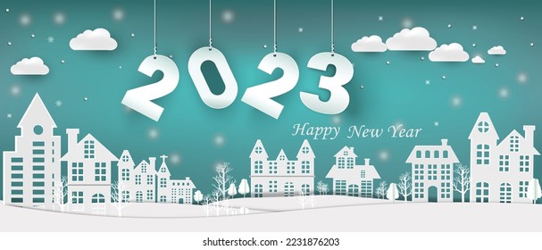 2023 happy new year and Paper city cut 2023 word for new year festival.card,happy,Vector concept paper art and new year celebration.