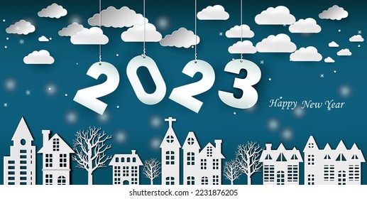 2023 happy new year and Paper city cut 2023 word for new year festival.card,happy,Vector concept paper art and new year celebration.