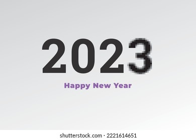 2023 Happy New Year Pixel Style Concept with Numerals Logo and Lettering Where Number Three Appears Pixelized - Black and Purple on Light Background - Vector Mixed Graphic Design