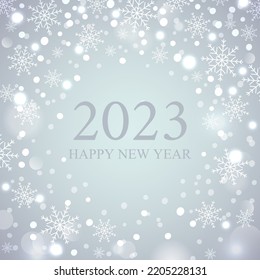 2023 Happy new year post card for your design. Calligraphy inscription in a circle with snowflakes. 