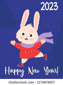 2023. Happy New Year poster. Happy cute rabbit skating.  Bunny symbol is of year. Chinese New Year is year of the rabbit. Vector illustration. Rabbit character for greeting cards and print