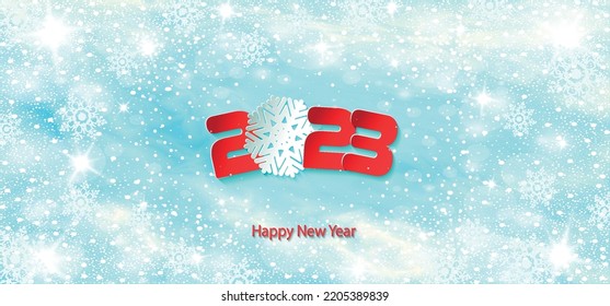 2023 Happy New Year poster with fairy winter background. Numbers and snowflake cut from paper. Vector Illustration for holiday greeting card, invitation, calendar or banner