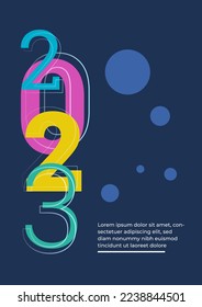 2023 Happy New Year poster background. Vector illustration with colorful numbers 2023 with trendy gradient. New Year holiday symbol template on gradient background.