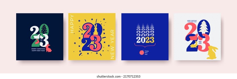 2023 Happy New Year posters. Design templates with typography logo 2023 for celebration and creative concept set . Minimalistic vector trendy backgrounds for banner, cover, card, year of the rabbit.