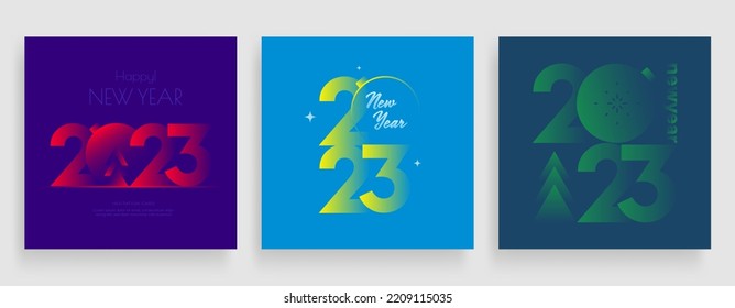 2023 Happy New Year posters set. Christmas card with colorful typography logo 2023. Vector holiday composition of numbers.