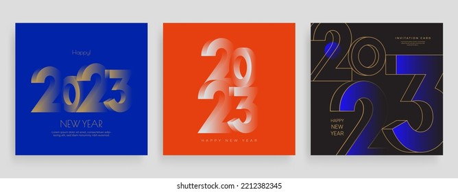 2023 Happy New Year posters set. Christmas card with colorful typography logo 2023. Vector holiday composition of numbers.