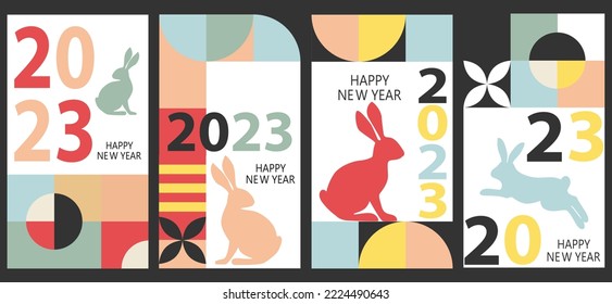 2023 Happy New Year posters set. Vector design templates on geometric style.Minimalistic trendy backgrounds for branding, banner, cover, card