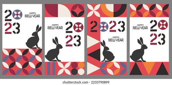 2023 Happy New Year posters set. Vector design templates on geometric style.Minimalistic trendy backgrounds