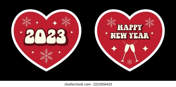 2023 Happy New Year quotes in trendy retro style. Red hearts stickers with snowflakes, champagne glasses and retro stars. Perfect for scrapbooking, greeting card, tag, sticker kit, social media