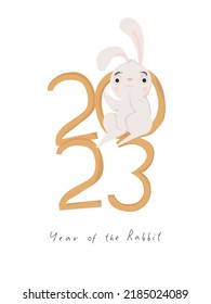 2023 Happy New year of the rabbit. Cute greeting card with hand drawn illustration of Chinese horoscope mascot. Asian traditional zodiac sign. Adorable rabbit, bunny, hare. Vector flat cartoon style