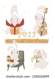 2023 Happy New year of the rabbit. Cute greeting card with hand drawn illustration of Chinese horoscope mascot. Asian traditional zodiac sign. Adorable rabbit, bunny, hare. Vector flat cartoon style