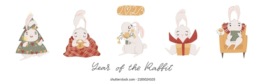 2023 Happy New Year Of The Rabbit. Cute Greeting Card With Hand Drawn Illustration Of Chinese Horoscope Mascot. Asian Traditional Zodiac Sign. Adorable Rabbit, Bunny, Hare. Vector Flat Cartoon Style