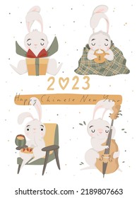 2023 Happy New year of the rabbit. Cute greeting card with hand drawn illustration of Chinese horoscope mascot. Asian traditional zodiac sign. Adorable rabbit, bunny, hare. Vector flat cartoon style