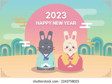 2023 happy new year rabbit bunny greeting card illustration background