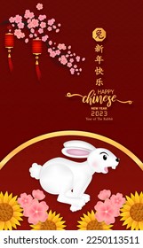 2023 Happy new year of The Rabbit with lamp and flower. Chinese translation is mean Year of Rabbit Happy chinese new year.