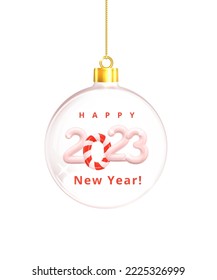 2023 Happy New Year. Realistic White Plastic Number 2023 in glass bauble. Christmas and New Year decoration, poster, banner, greeting card. Realistic 3d render vector illustration