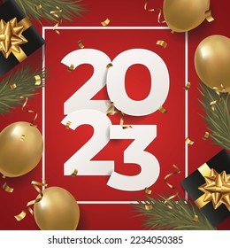 2023 Happy New Year. Realistic gift box Golden metal number.