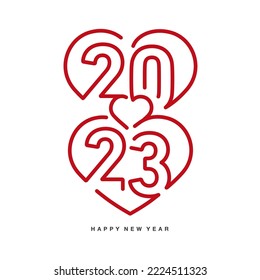 2023 Happy New Year red numbers inside three hearts that beat for 2023, line design isolated on white background