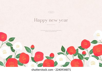 2023 Happy new year. Red and white camellia flowers horizontal background. Watercolor style texture. Cover, card, poster, flyer, banner. Modern art design. Hand drawn. Trendy Flat vector illustration.