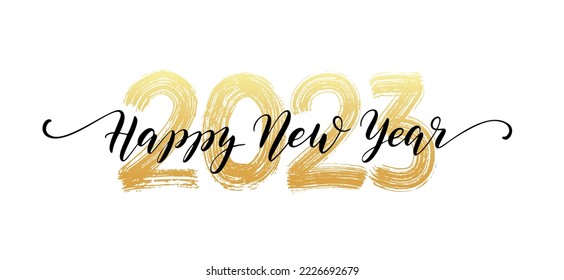 2023 HAPPY NEW YEAR script text hand lettering. Design template Celebration typography poster, banner or greeting card for Merry Christmas and happy new year. Vector Illustration