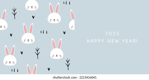 2023. Happy new year. Seamless pattern with kawaii rabbit, hearts and trees. Hand drawn in doodle style. For decoration in a nursery, wallpaper, textiles, baby clothes. On a blue background. 