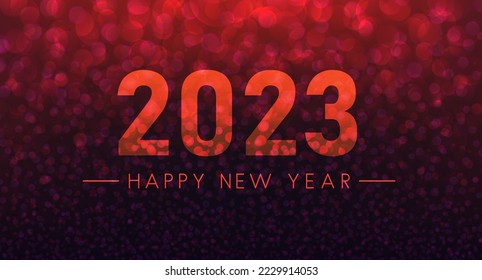 2023 happy new year sign on fogged glass. Red bokeh background.