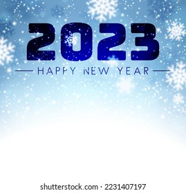 2023 happy new year sign on sweaty grass on blue snowflakes bokeh lights background. Space for text.