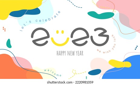 2023 Happy New Year with smiley face design. Hand drawn new year background. Holiday Vector Illustration.	