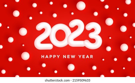 2023 Happy New Year. Snowy white 3D numbers 2023 among fabulous white balls on red background. Christmas decoration. Xmas Poster, banner, greeting card, brochure, flyer, cover layout design. 3d vector