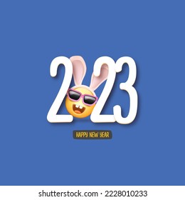 2023 Happy new year square banner with funny smile face with rabbit ears and sunglasses isolated on blue background. 2023 new year square banner, poster, flyer, cover with funny cute rabbit