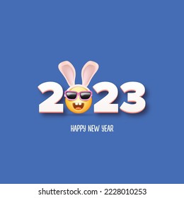 2023 Happy new year square banner with funny smile face with rabbit ears and sunglasses isolated on blue background. 2023 new year square banner, poster, flyer, cover with funny cute rabbit