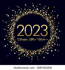 2023 A Happy New Year symbol. Round logotype concept. Abstract isolated graphic design template. Gold coloured numbers. Christmas creative decoration. Golden snowy ball and web shiny glittering digits