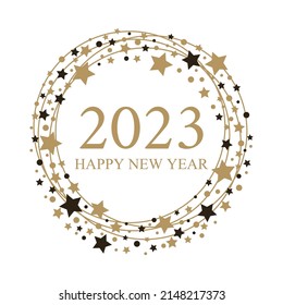 2023 Happy New Year text for card for your design with stars on white background. Vector illustration.