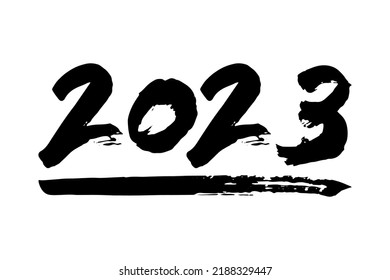 2023 Happy New Year. Text, inscription, date. Black ink silhouette. Horizontal front view. Vector simple flat graphic hand drawn illustration. Isolated object on a white background. Isolate. Texture.