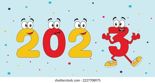 2023 happy new year text face cartoon vector illustration