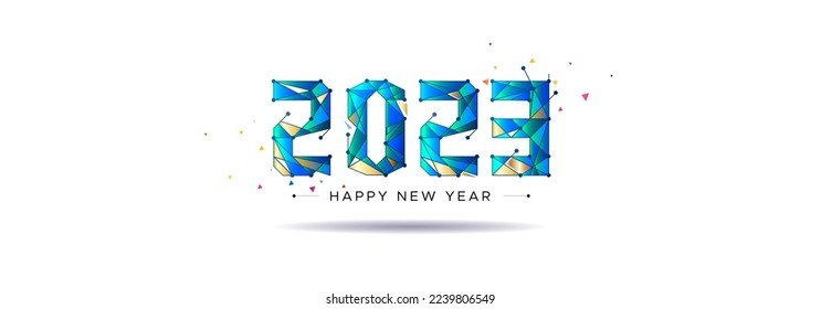 2023 Happy New year text. Geometrical techno wireframe. Hi tech, low poly, art deco and polygonal graphic illustration.