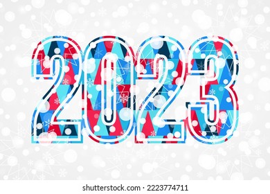 2023 Happy New Year triangle sign for decoration. Christmas pattern, snowflake background. Illustration for decoration, celebration, design, greeting, winter holiday