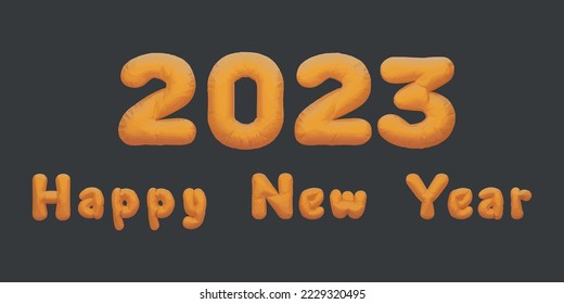 2023 happy new year uppercase and lowercase. golden inflatable Helium foil numbers bread balloons style.vector illustration eps10