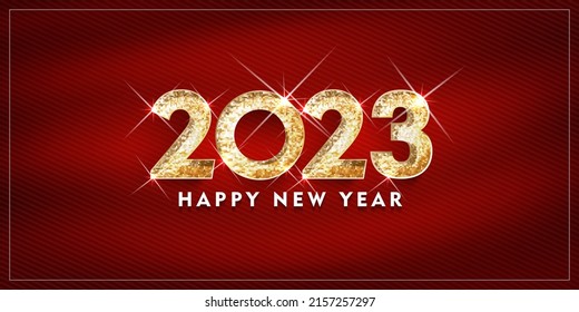 2023 happy new year vector text gold design, congratulation event, T-shirt, party, high school or college graduate. Lettering for greeting, invitation card 