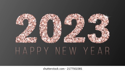2023 Happy New Year vector greeting card. Confetti particles font calligraphy. Happy New Year wishes, 2023 of confetti scatter. Luxury pink gold banner.