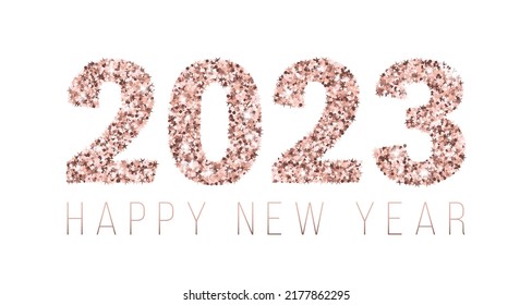 2023 Happy New Year vector greeting card. Confetti particles font calligraphy. Happy New Year wishes, 2023 of confetti scatter. Luxury pink gold banner.