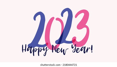 2023 Happy New Year vector banner with calligraphic lettering text and pink blue number. Happy New Year greeting card, poster, 2023 new yer social media banner design in minimal style