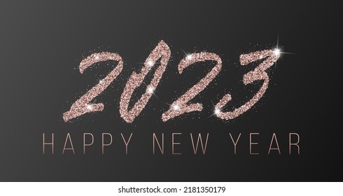 2023 Happy New Year vector greeting card. Confetti particles font calligraphy. Happy New Year wishes, 2023 of confetti scatter. Luxury pink gold banner.