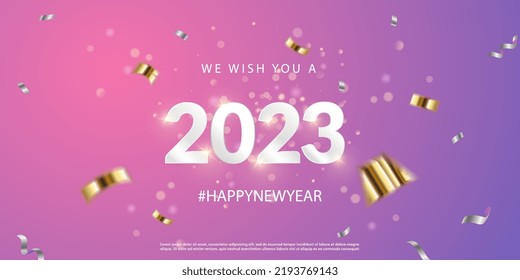 2023 Happy New Year vector holiday on pink violet background. Shiny party digital Lavender background. White Numeral 2023 with glitter gold confetti and serpentine. Festive holiday.Vector illustration