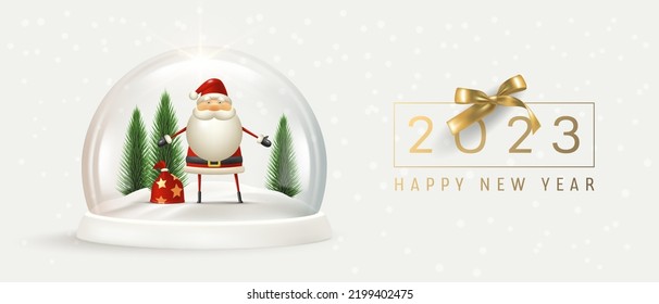 2023 happy new year vector card, background. Noel baba in Christmas decoration banner. Christmas tree and glass snow globe