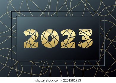 2023 Happy New Year vector greeting card. Golden icon with hand drawn lines. Banner for celebration, congratulation, winter holiday, web, design, decoration