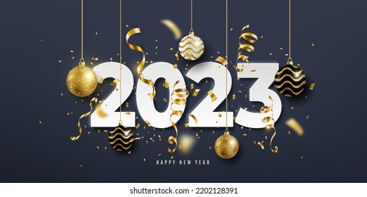 2023 Happy new year vector background. Holiday greeting card design with big white paper numbers, golden confetti, balls hanging gold string on dark backdrop. Luxury decoration winter celebration.